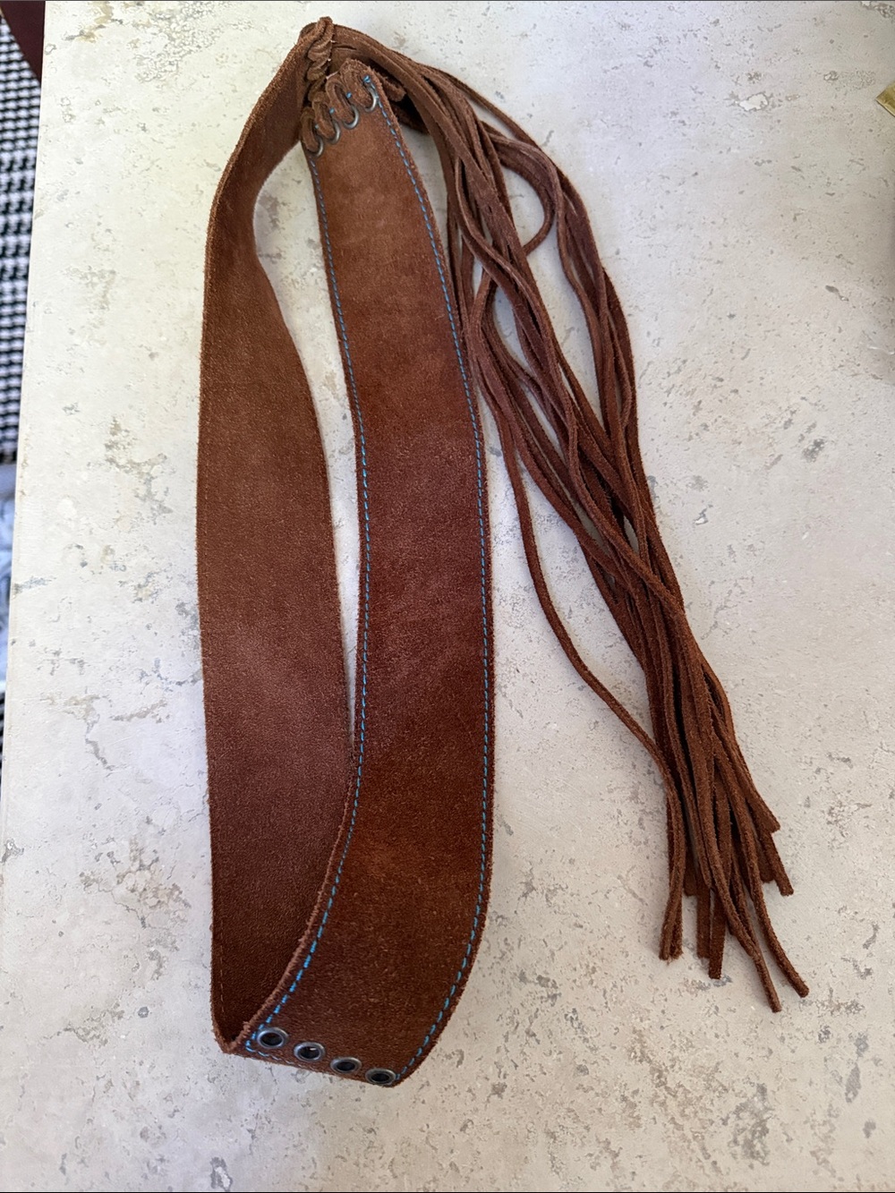 EUC FREE PEOPLE Brown Suede Fringe Western Belt Turquoise Stitching Leather